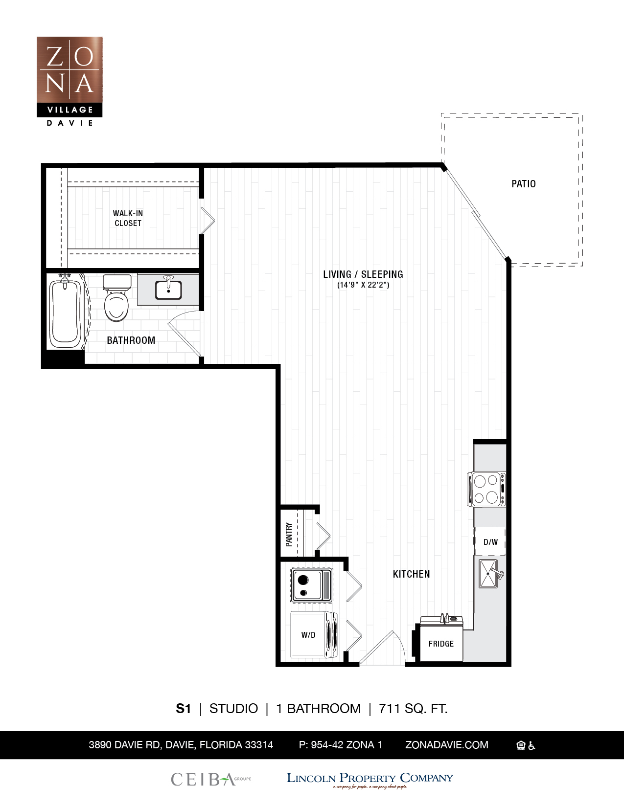 Floor plan for studio, 1 bath, 711 sqft